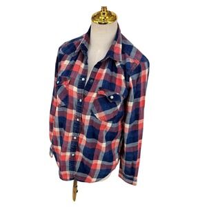 American Eagle Plaid Boyfriend Fit Western Americana Shirt S Navy Red Pearl Snap